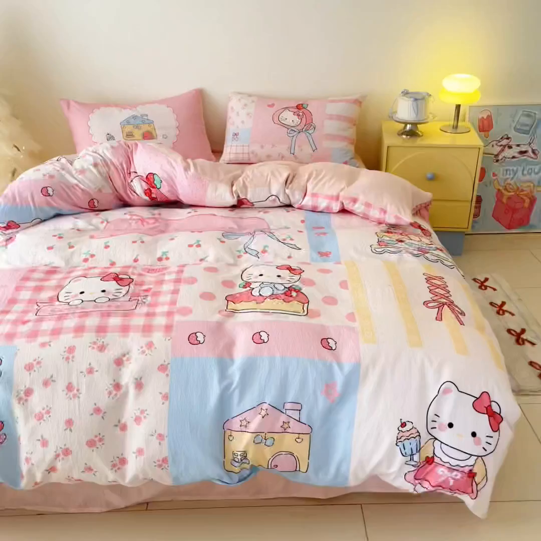 91家纺网 家纺一手货源 找家纺 海岛哥哥 2025新款大版印花云感双层纱四件套 方格猫猫