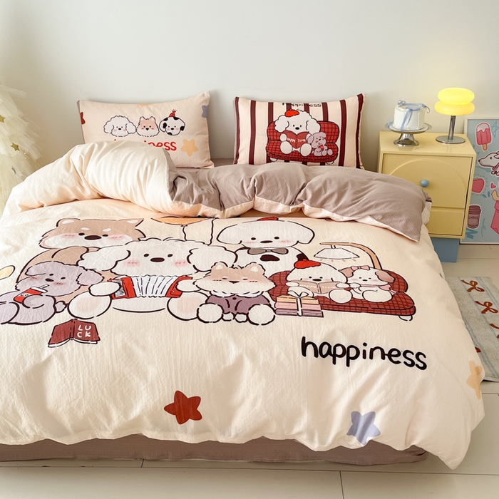 91家纺网 家纺一手货源 找家纺 海岛哥哥 2025新款大版印花云感双层纱四件套 狗狗音乐会