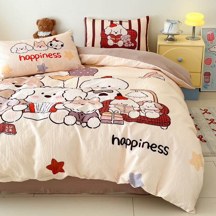 91家纺网 家纺一手货源 找家纺 海岛哥哥 2025新款大版印花云感双层纱四件套 狗狗音乐会