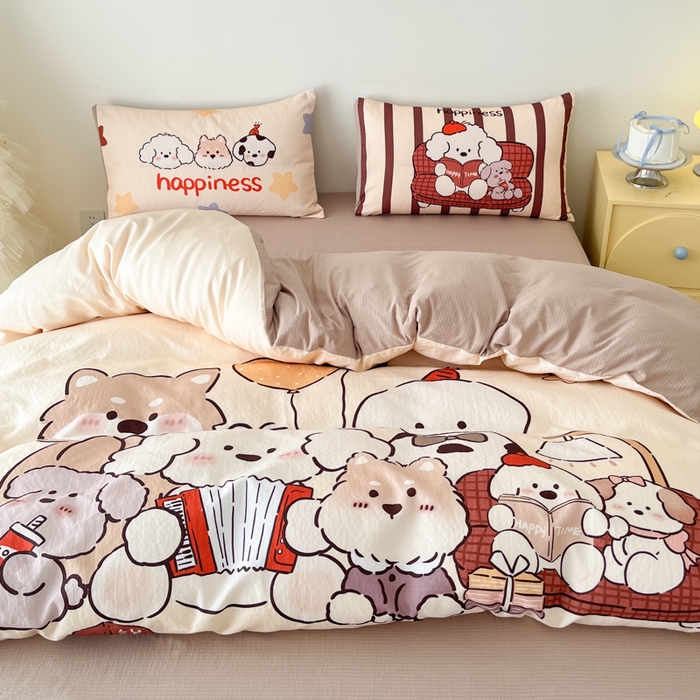 91家纺网 家纺一手货源 找家纺 海岛哥哥 2025新款大版印花云感双层纱四件套 狗狗音乐会