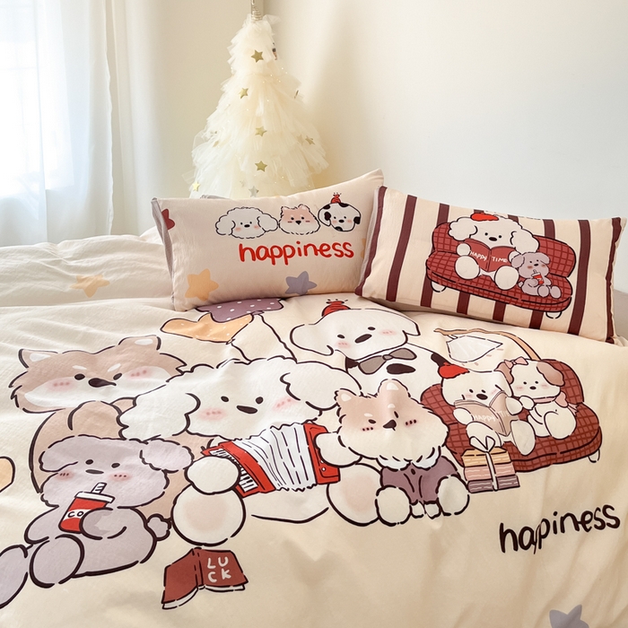 91家纺网 家纺一手货源 找家纺 海岛哥哥 2025新款大版印花云感双层纱四件套 狗狗音乐会