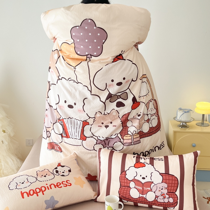 91家纺网 家纺一手货源 找家纺 海岛哥哥 2025新款大版印花云感双层纱四件套 狗狗音乐会