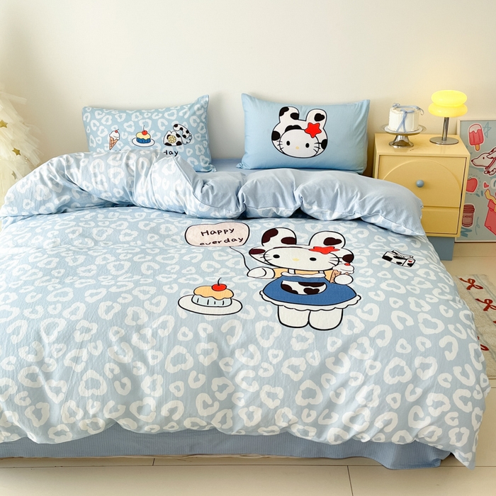 91家纺网 家纺一手货源 找家纺 海岛哥哥 2025新款大版印花云感双层纱四件套 牛奶猫咪