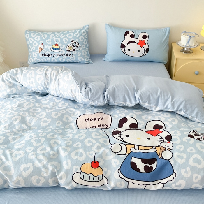 91家纺网 家纺一手货源 找家纺 海岛哥哥 2025新款大版印花云感双层纱四件套 牛奶猫咪