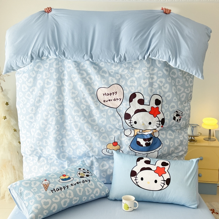 91家纺网 家纺一手货源 找家纺 海岛哥哥 2025新款大版印花云感双层纱四件套 牛奶猫咪