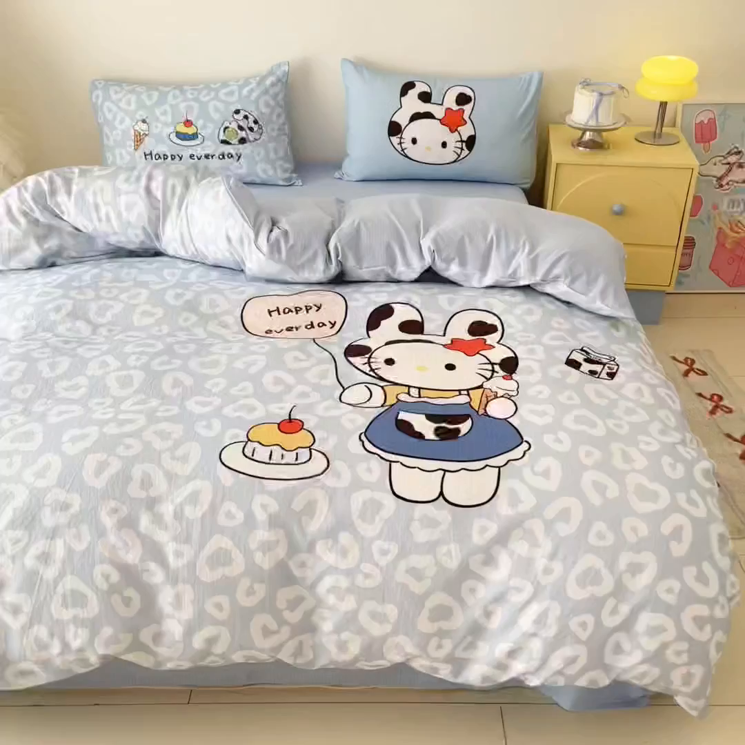 91家纺网 家纺一手货源 找家纺 海岛哥哥 2025新款大版印花云感双层纱四件套 牛奶猫咪