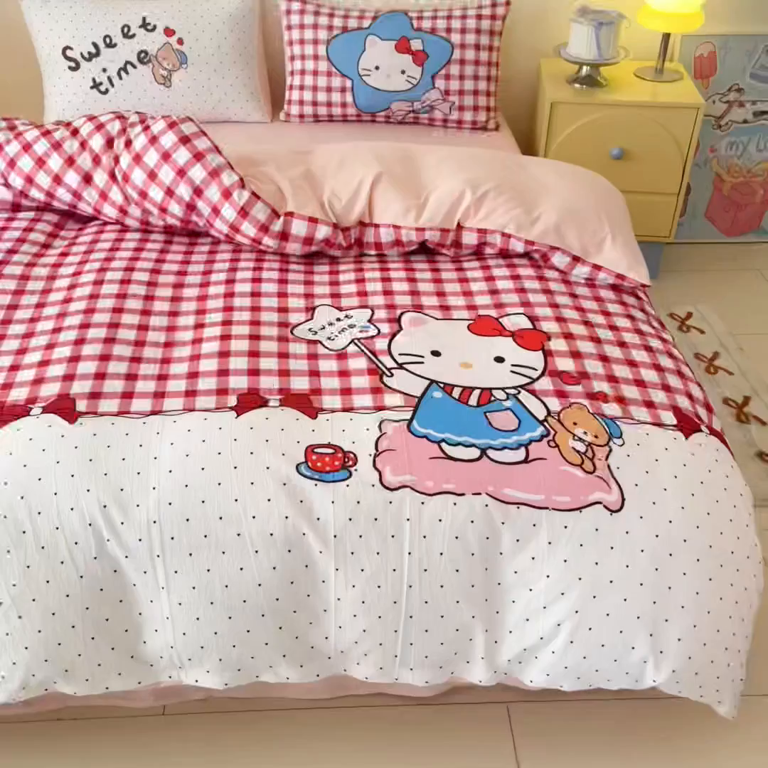 91家纺网 家纺一手货源 找家纺 海岛哥哥 2025新款大版印花云感双层纱四件套 星星猫咪