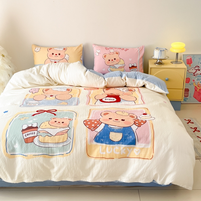 91家纺网 家纺一手货源 找家纺 海岛哥哥 2025新款大版印花云感双层纱四件套 熊熊茶话会