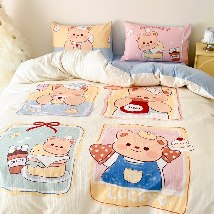 91家纺网 家纺一手货源 找家纺 海岛哥哥 2025新款大版印花云感双层纱四件套 熊熊茶话会