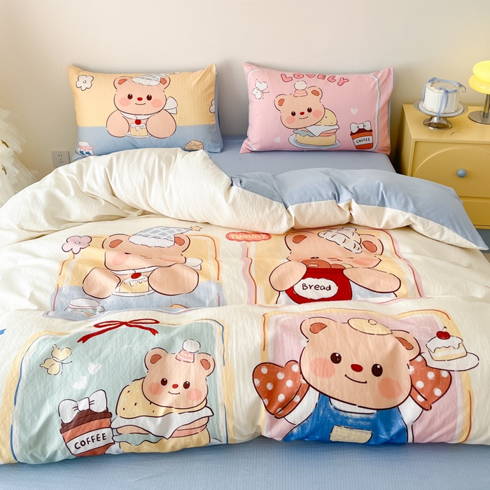 91家纺网 家纺一手货源 找家纺 海岛哥哥 2025新款大版印花云感双层纱四件套 熊熊茶话会