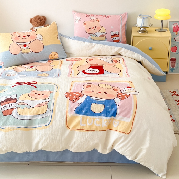 91家纺网 家纺一手货源 找家纺 海岛哥哥 2025新款大版印花云感双层纱四件套 熊熊茶话会