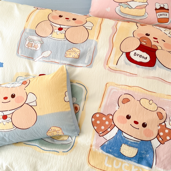 91家纺网 家纺一手货源 找家纺 海岛哥哥 2025新款大版印花云感双层纱四件套 熊熊茶话会