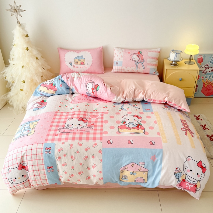 91家纺网 家纺一手货源 找家纺 港岛妹妹 2025新款大版印花云感双层纱四件套 方格猫猫