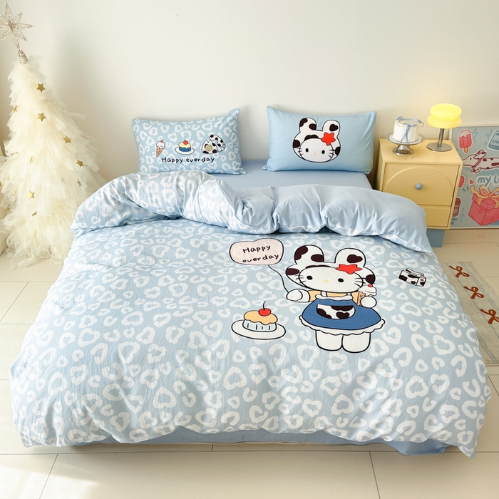 91家纺网 家纺一手货源 找家纺 港岛妹妹 2025新款大版印花云感双层纱四件套 牛奶猫咪