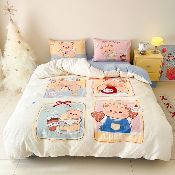 91家纺网 家纺一手货源 找家纺 港岛妹妹 2025新款大版印花云感双层纱四件套 熊熊茶话会