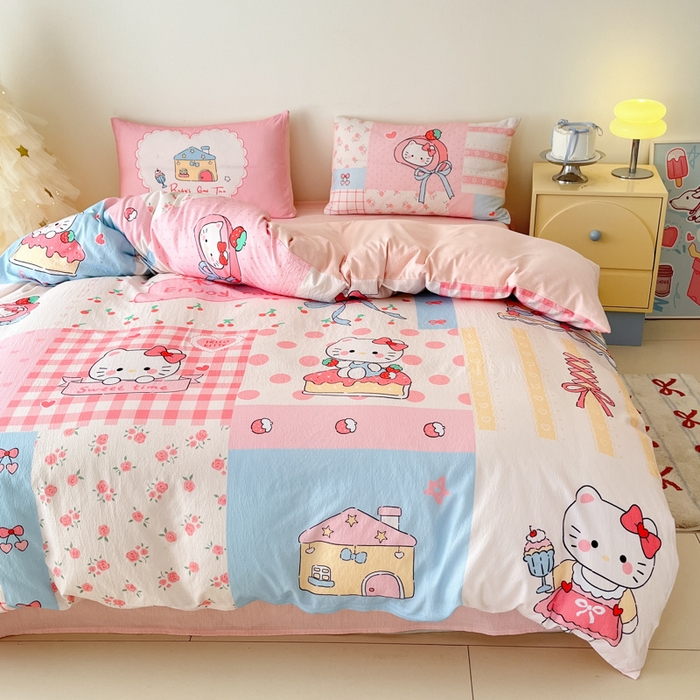 91家纺网 家纺一手货源 找家纺 港岛妹妹 2025新款大版印花云感双层纱四件套 方格猫猫