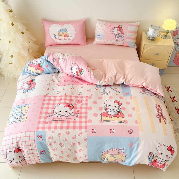 91家纺网 家纺一手货源 找家纺 港岛妹妹 2025新款大版印花云感双层纱四件套 方格猫猫