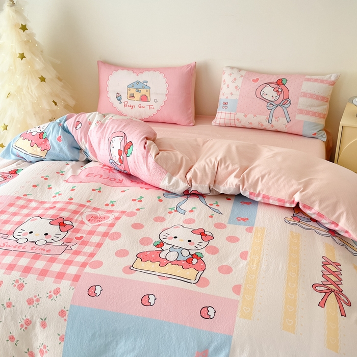 91家纺网 家纺一手货源 找家纺 港岛妹妹 2025新款大版印花云感双层纱四件套 方格猫猫