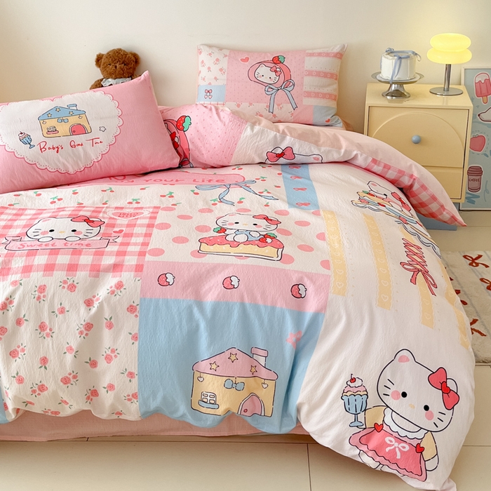 91家纺网 家纺一手货源 找家纺 港岛妹妹 2025新款大版印花云感双层纱四件套 方格猫猫