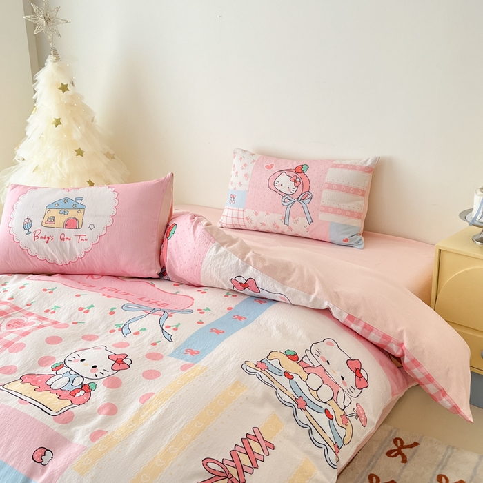 91家纺网 家纺一手货源 找家纺 港岛妹妹 2025新款大版印花云感双层纱四件套 方格猫猫