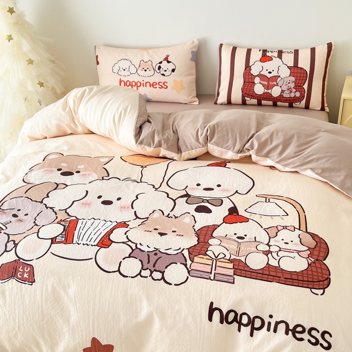 91家纺网 家纺一手货源 找家纺 港岛妹妹 2025新款大版印花云感双层纱四件套 狗狗音乐会