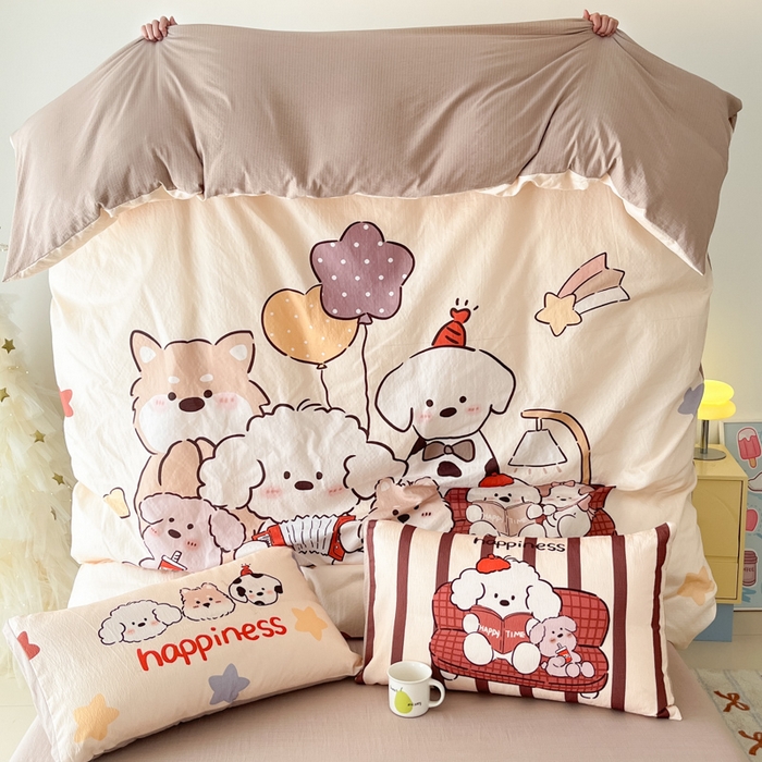 91家纺网 家纺一手货源 找家纺 港岛妹妹 2025新款大版印花云感双层纱四件套 狗狗音乐会