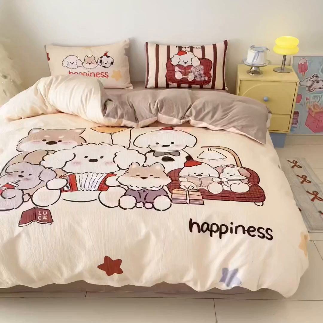 91家纺网 家纺一手货源 找家纺 港岛妹妹 2025新款大版印花云感双层纱四件套 狗狗音乐会