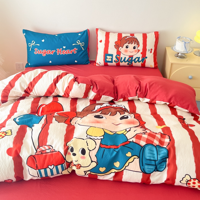 91家纺网 家纺一手货源 找家纺 港岛妹妹 2025新款大版印花云感双层纱四件套 可爱女孩