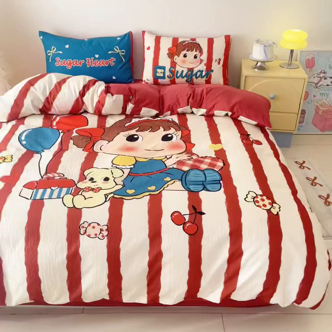 91家纺网 家纺一手货源 找家纺 港岛妹妹 2025新款大版印花云感双层纱四件套 可爱女孩