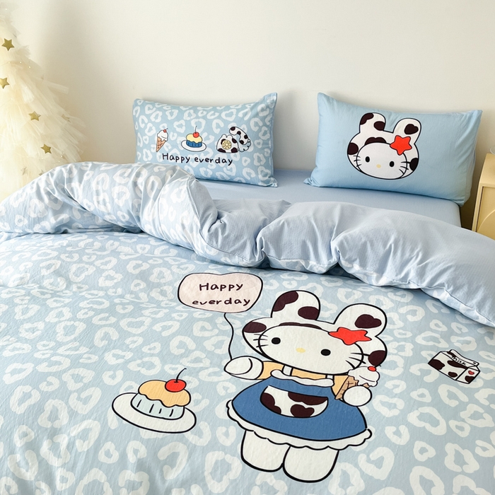 91家纺网 家纺一手货源 找家纺 港岛妹妹 2025新款大版印花云感双层纱四件套 牛奶猫咪