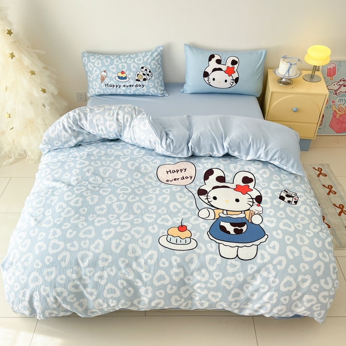 91家纺网 家纺一手货源 找家纺 港岛妹妹 2025新款大版印花云感双层纱四件套 牛奶猫咪