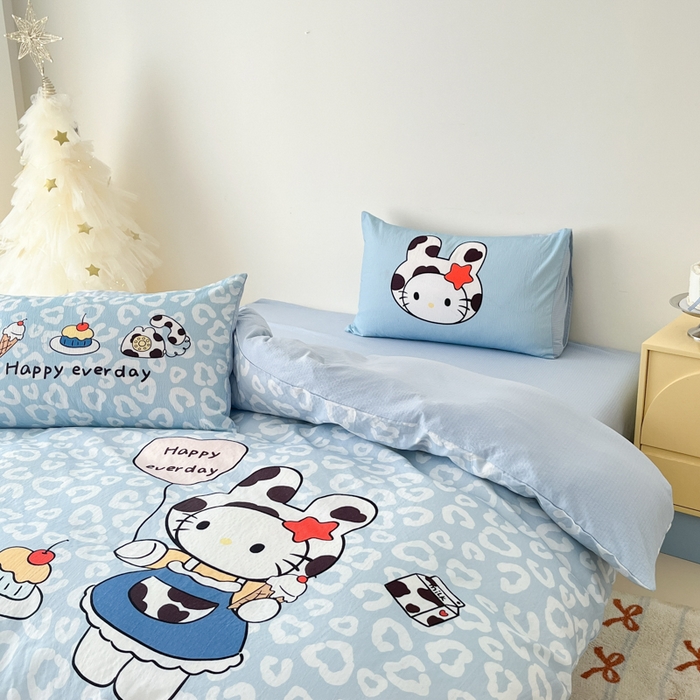 91家纺网 家纺一手货源 找家纺 港岛妹妹 2025新款大版印花云感双层纱四件套 牛奶猫咪