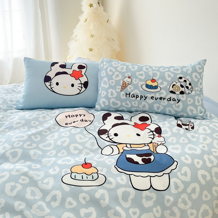 91家纺网 家纺一手货源 找家纺 港岛妹妹 2025新款大版印花云感双层纱四件套 牛奶猫咪