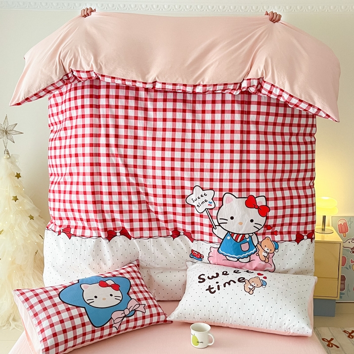 91家纺网 家纺一手货源 找家纺 港岛妹妹 2025新款大版印花云感双层纱四件套 星星猫咪