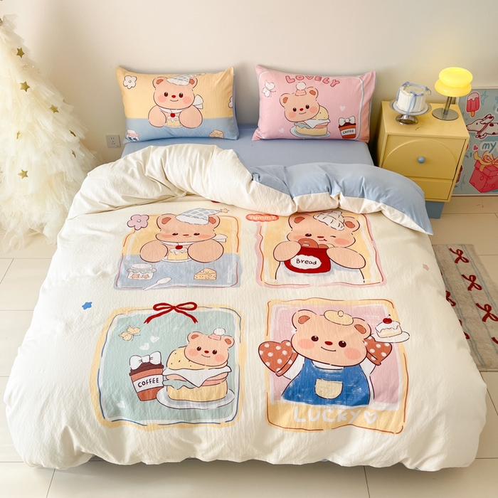 91家纺网 家纺一手货源 找家纺 港岛妹妹 2025新款大版印花云感双层纱四件套 熊熊茶话会