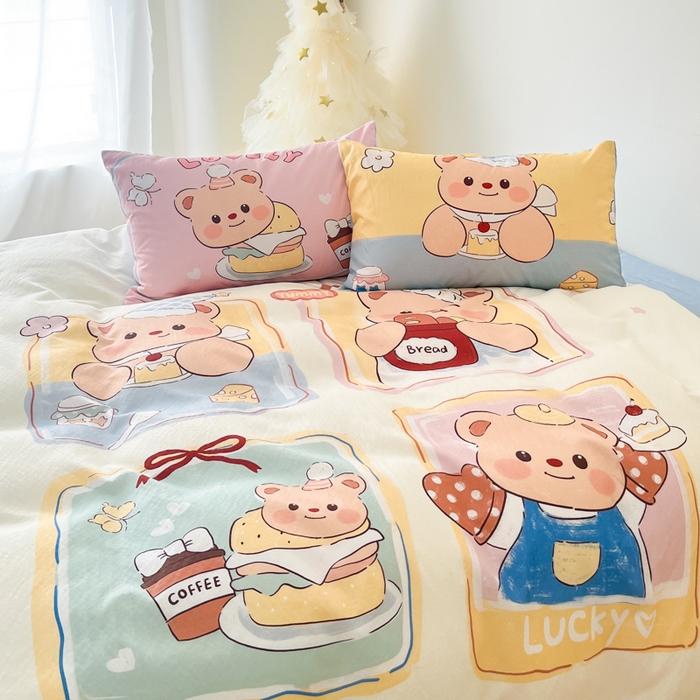 91家纺网 家纺一手货源 找家纺 港岛妹妹 2025新款大版印花云感双层纱四件套 熊熊茶话会