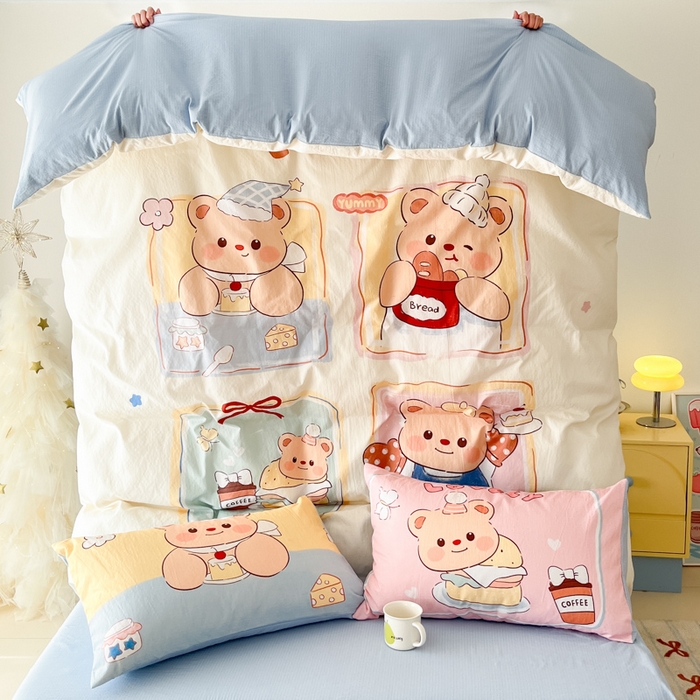 91家纺网 家纺一手货源 找家纺 港岛妹妹 2025新款大版印花云感双层纱四件套 熊熊茶话会