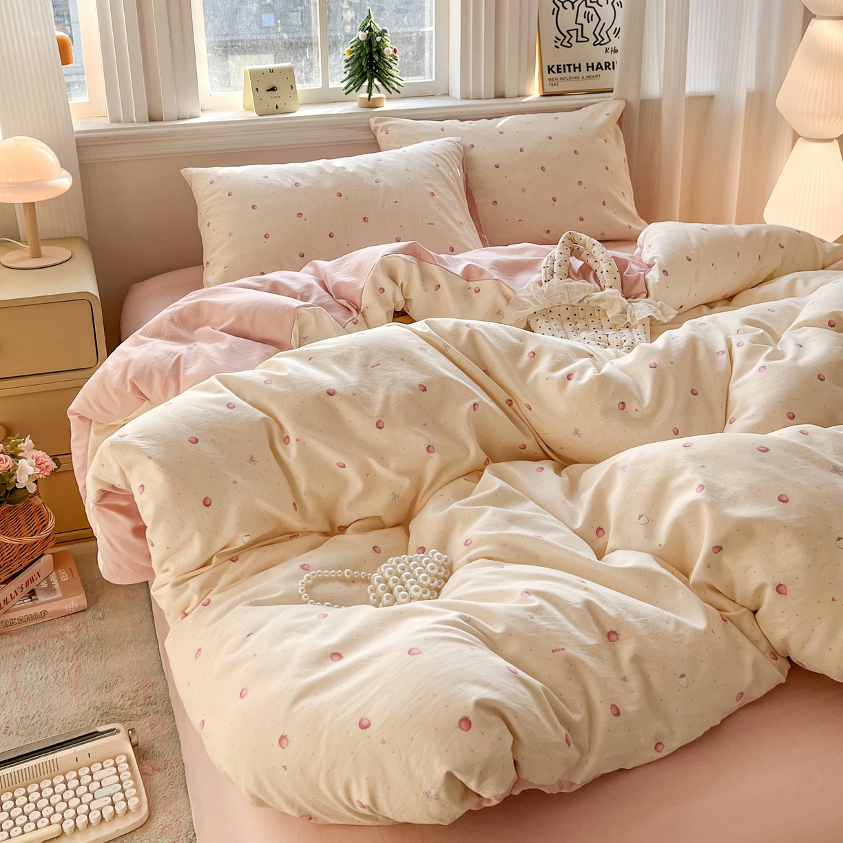 91家纺网 家纺一手货源 找家纺 格真 2026新款韩国小布袋A类古法水洗仿棉云感纱四件套 草莓多多