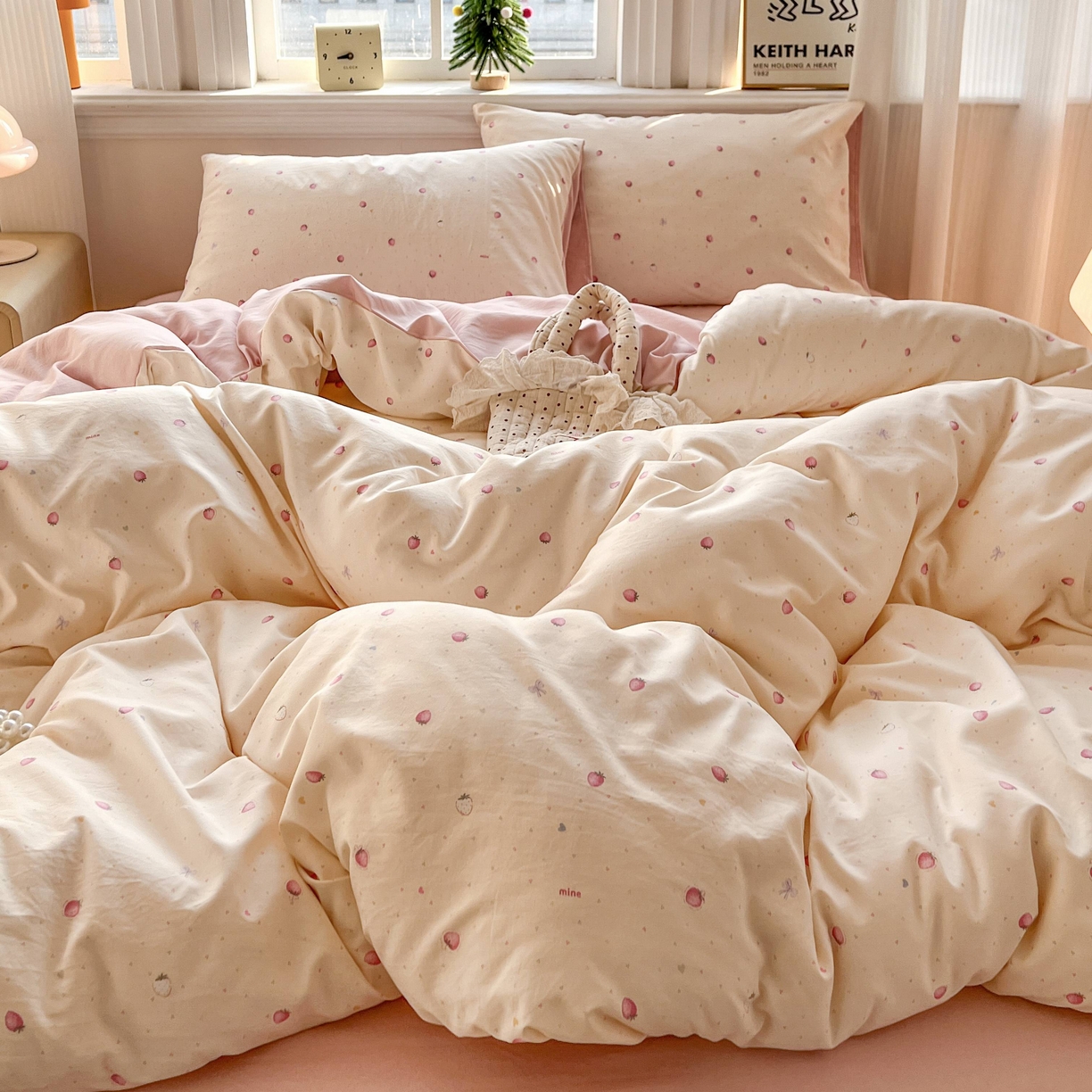 91家纺网 家纺一手货源 找家纺 格真 2026新款韩国小布袋A类古法水洗仿棉云感纱四件套 草莓多多