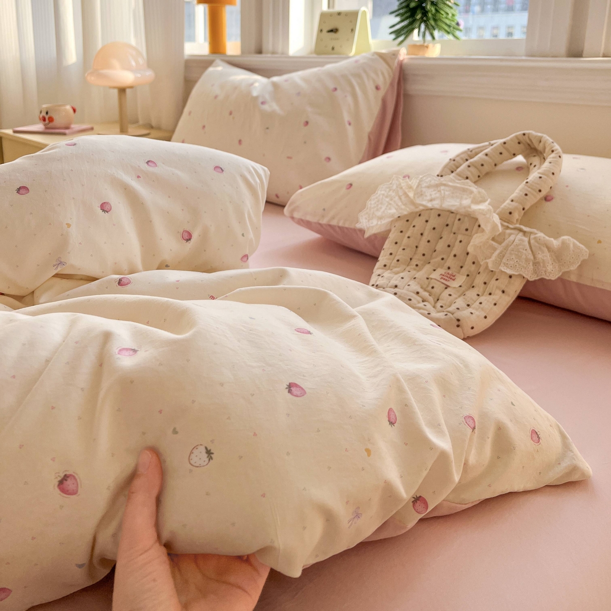 91家纺网 家纺一手货源 找家纺 格真 2026新款韩国小布袋A类古法水洗仿棉云感纱四件套 草莓多多