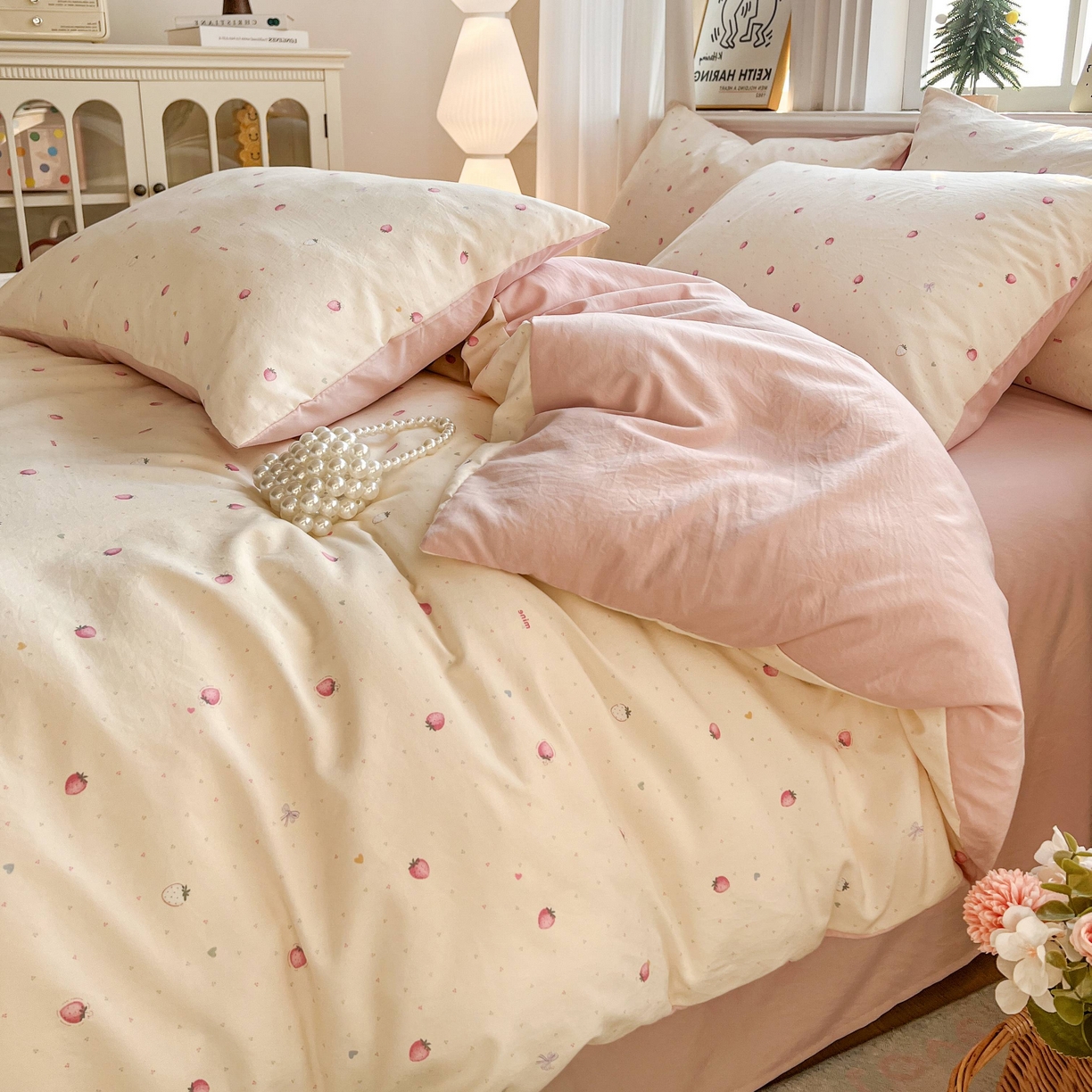 91家纺网 家纺一手货源 找家纺 格真 2026新款韩国小布袋A类古法水洗仿棉云感纱四件套 草莓多多