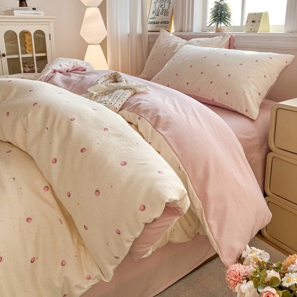 91家纺网 家纺一手货源 找家纺 格真 2026新款韩国小布袋A类古法水洗仿棉云感纱四件套 草莓多多