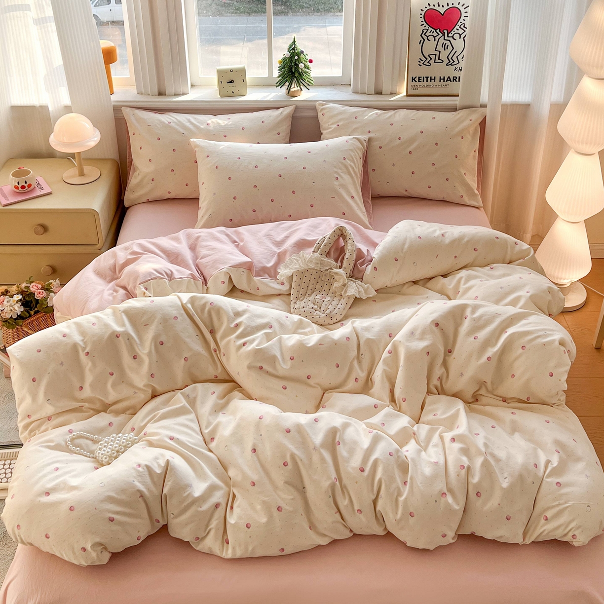 91家纺网 家纺一手货源 找家纺 格真 2026新款韩国小布袋A类古法水洗仿棉云感纱四件套 草莓多多