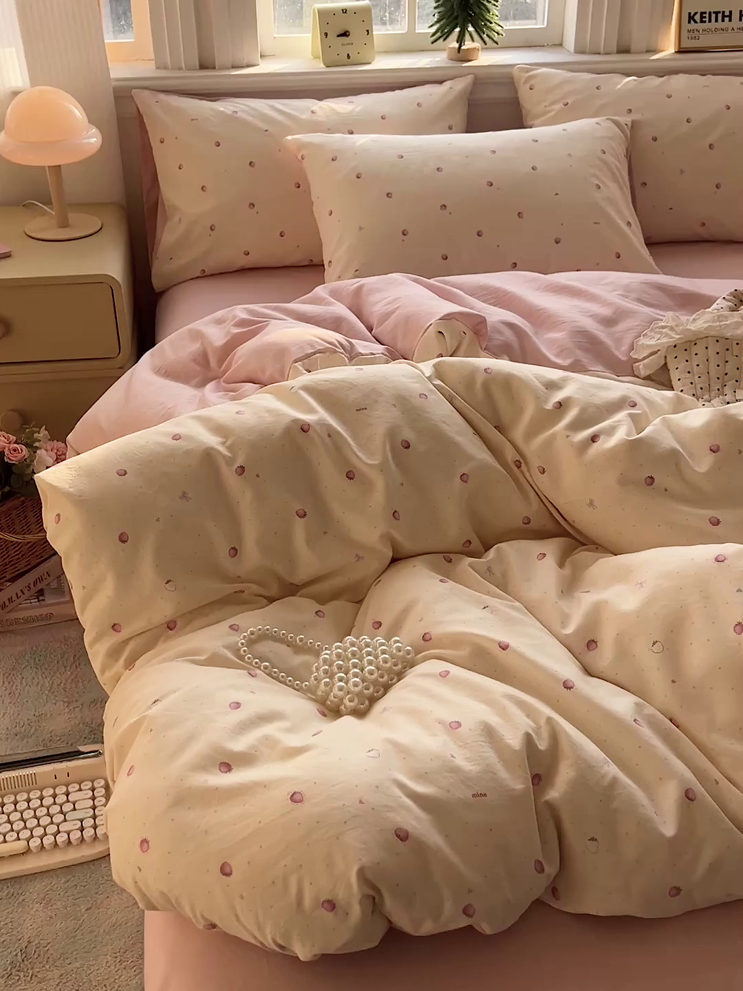 91家纺网 家纺一手货源 找家纺 格真 2026新款韩国小布袋A类古法水洗仿棉云感纱四件套 草莓多多