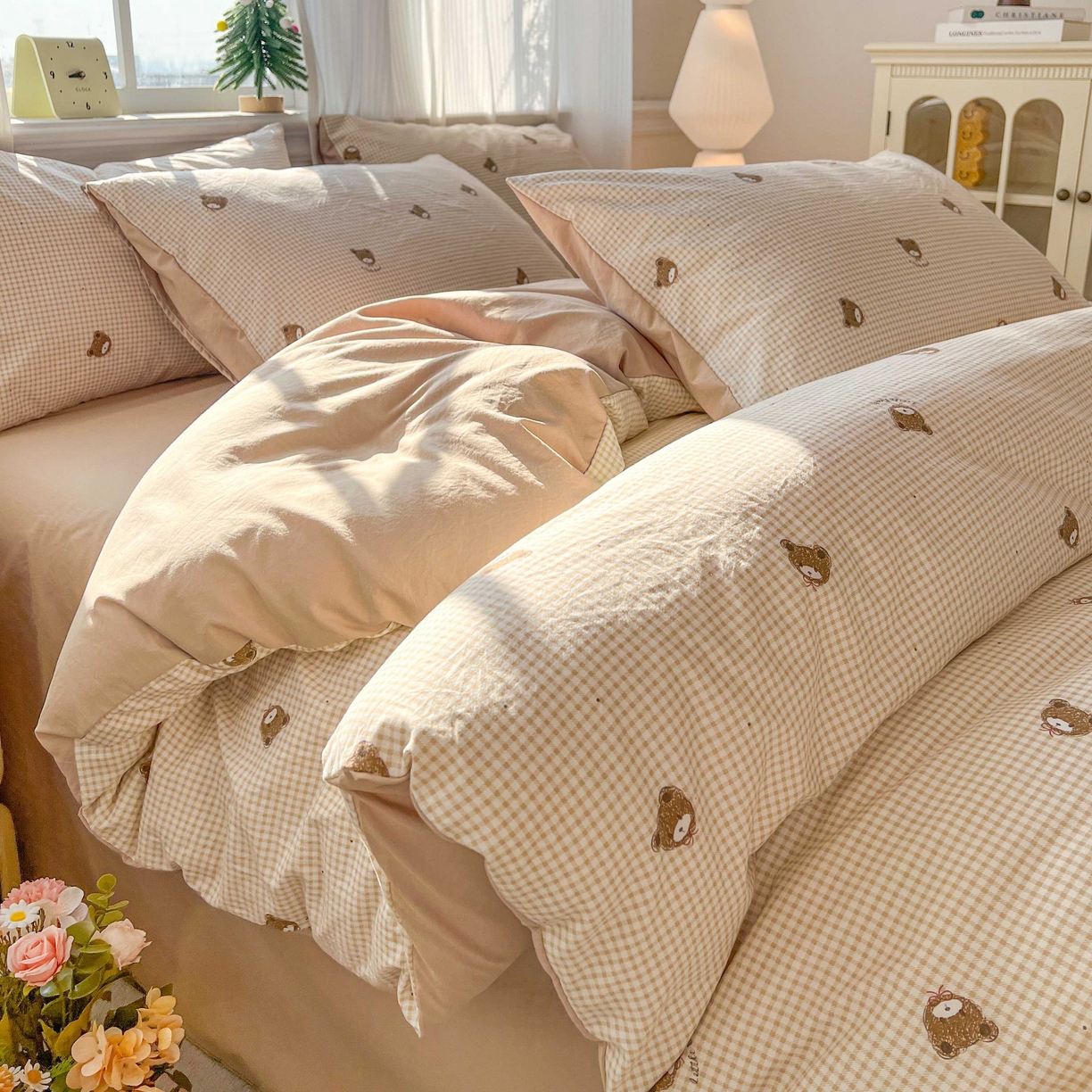 格真 2026新款韩国小布袋A类古法水洗仿棉云感纱四件套 格纹小熊