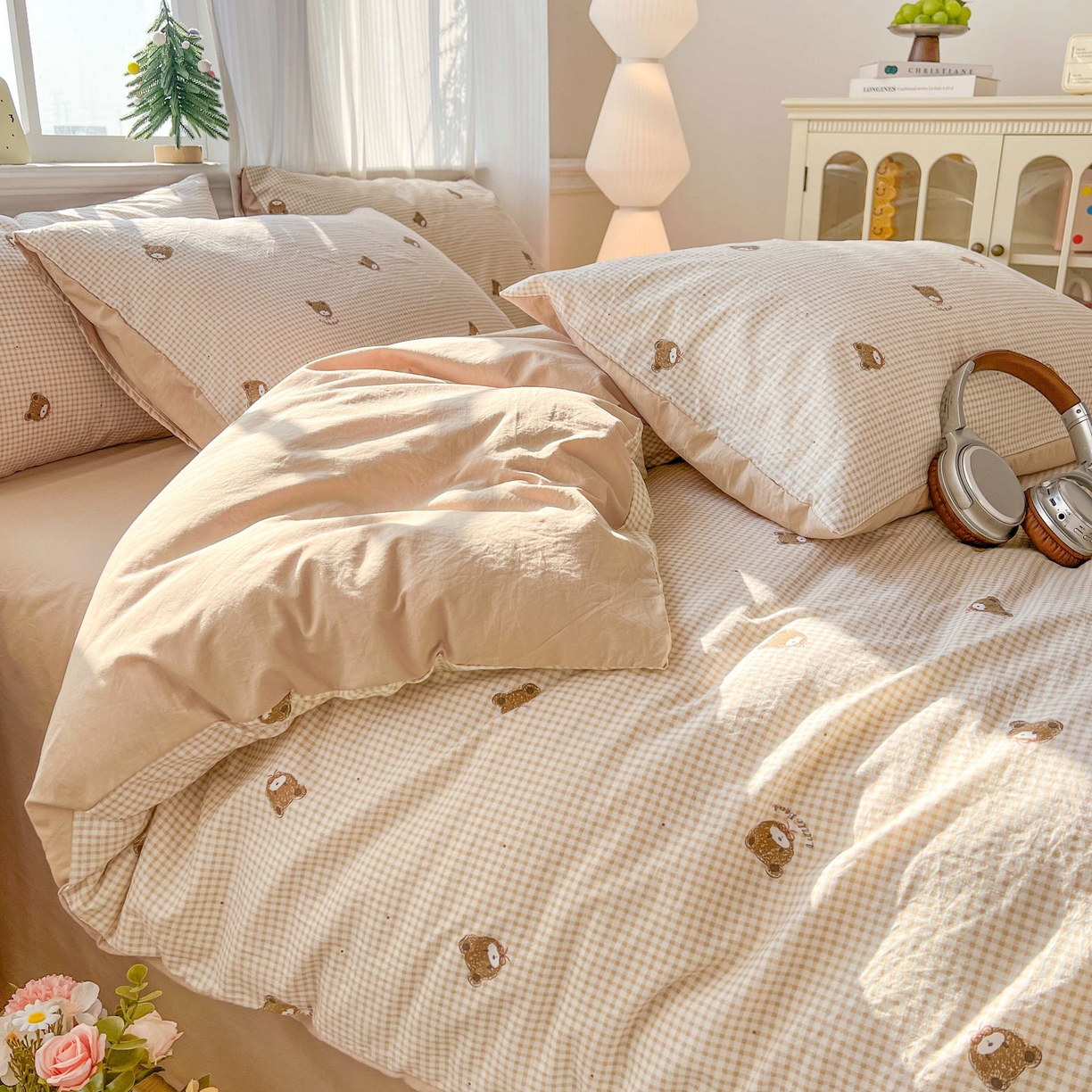 91家纺网 家纺一手货源 找家纺 格真 2026新款韩国小布袋A类古法水洗仿棉云感纱四件套 格纹小熊