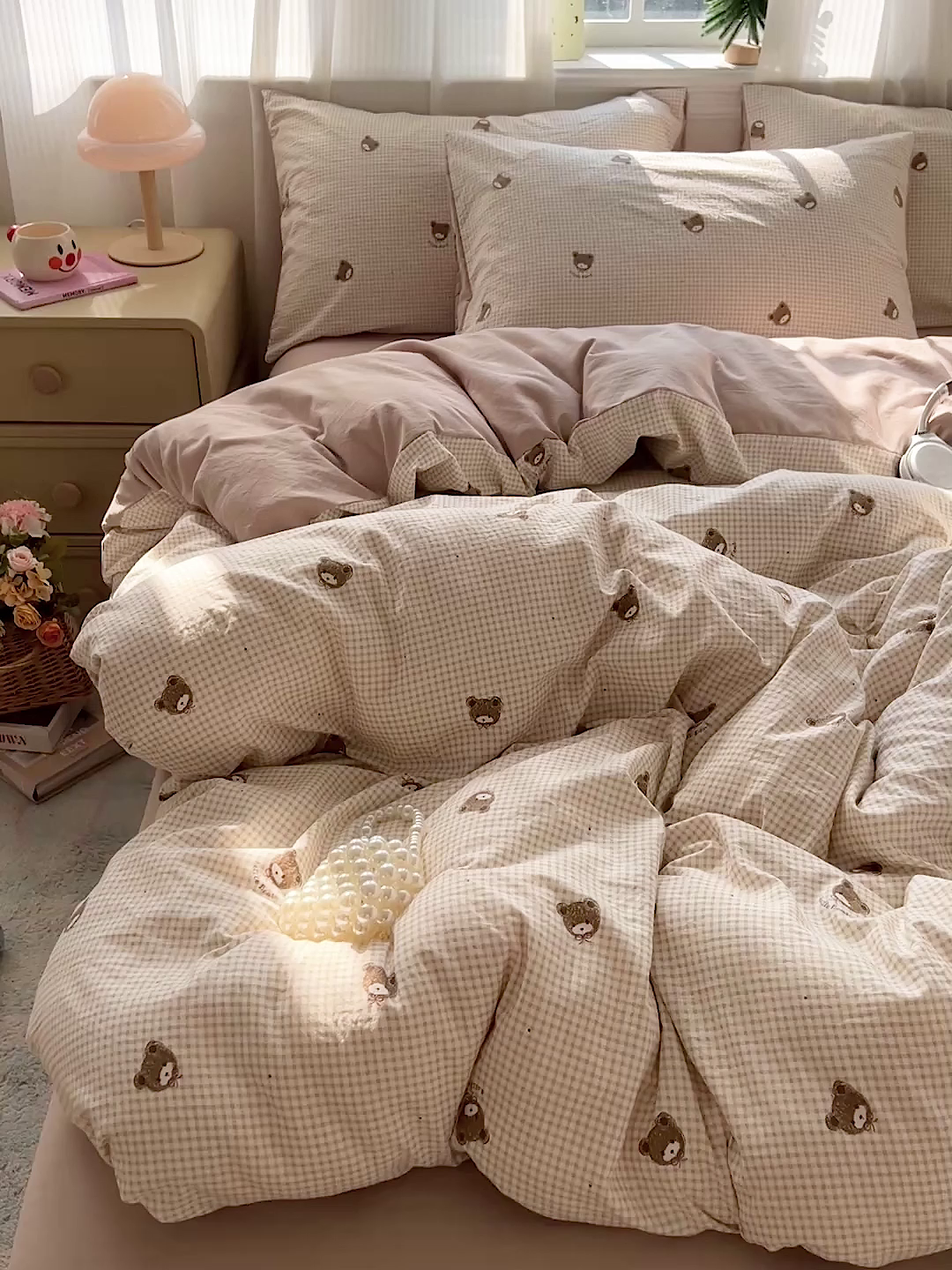 91家纺网 家纺一手货源 找家纺 格真 2026新款韩国小布袋A类古法水洗仿棉云感纱四件套 格纹小熊