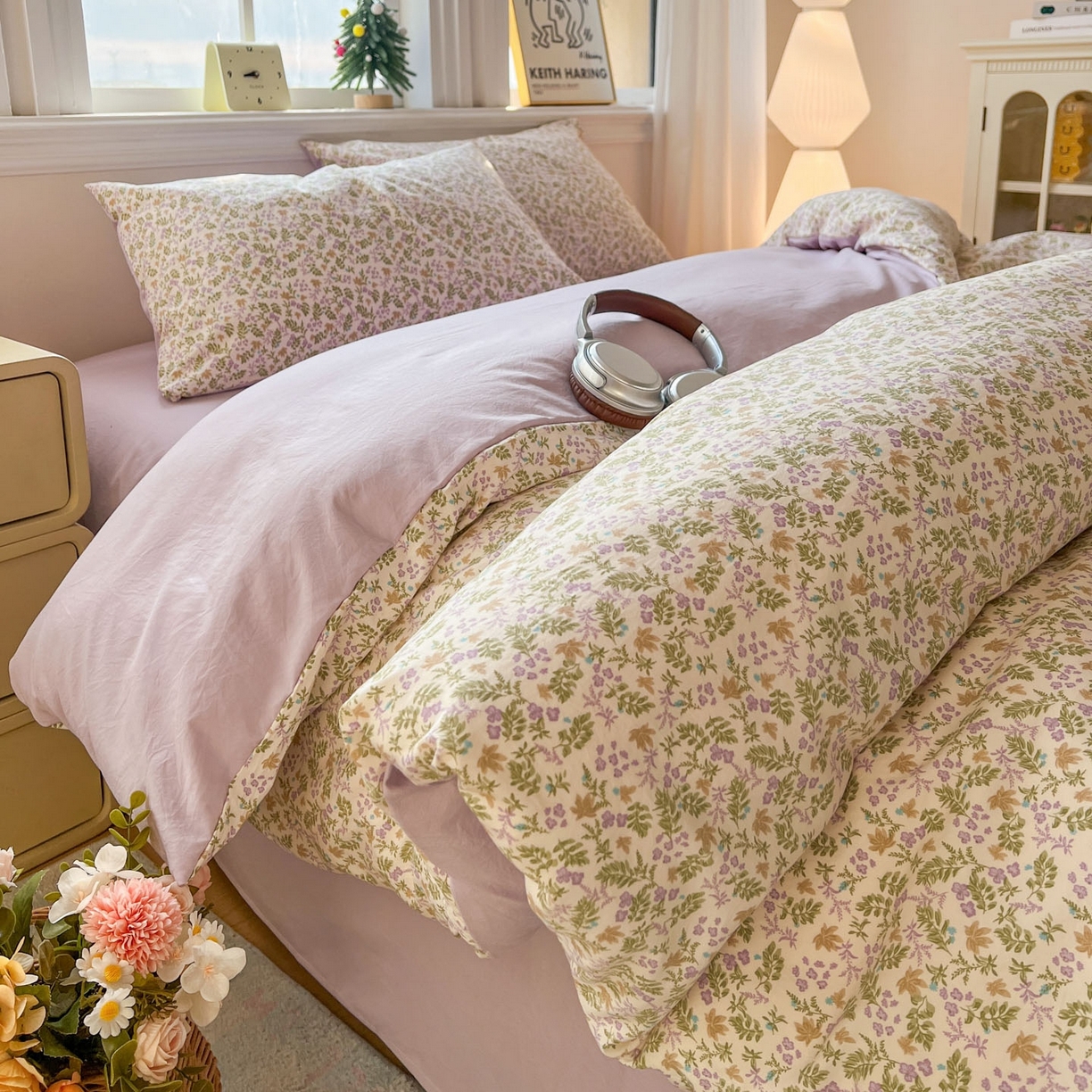 91家纺网 家纺一手货源 找家纺 格真 2026新款韩国小布袋A类古法水洗仿棉云感纱四件套 花间瑶