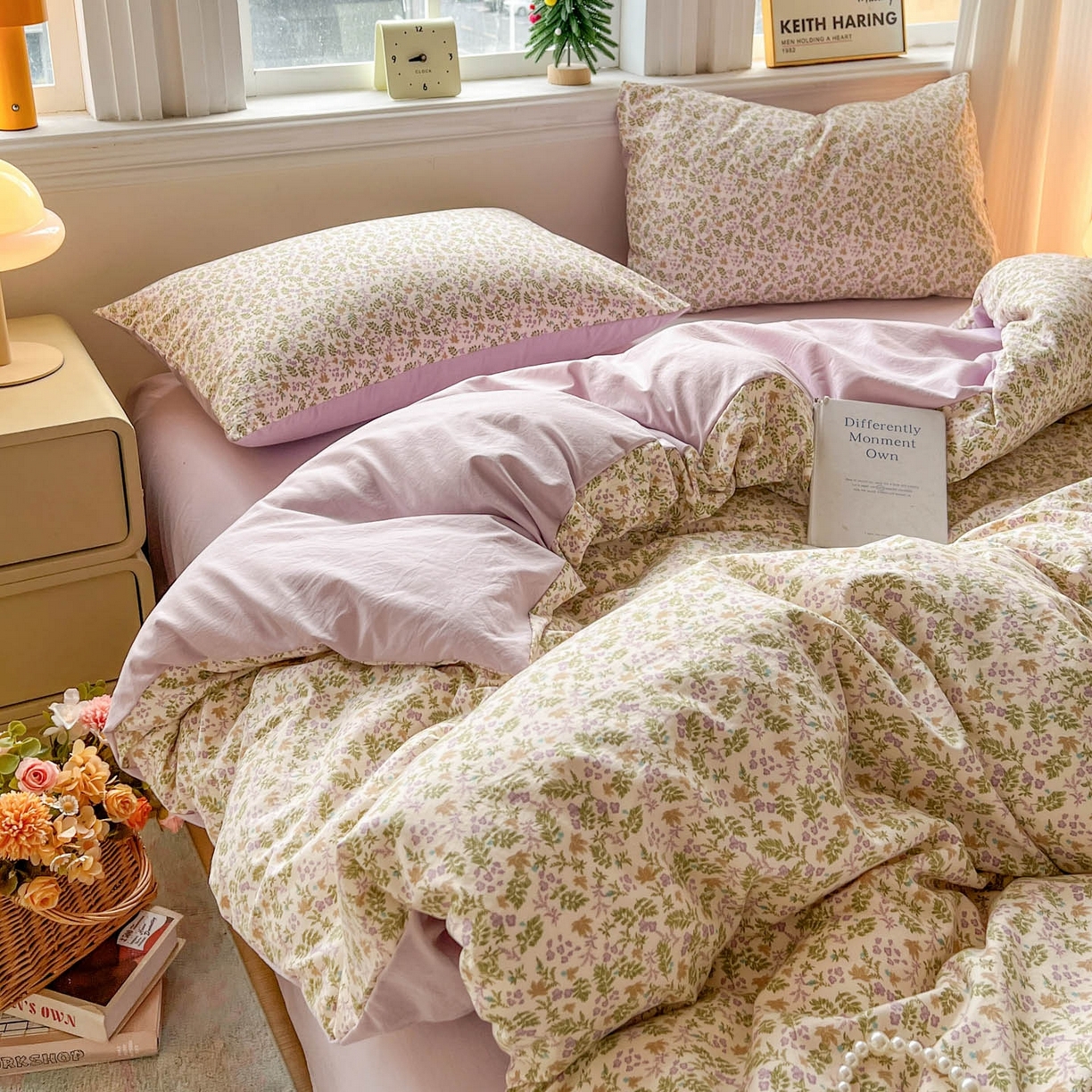 91家纺网 家纺一手货源 找家纺 格真 2026新款韩国小布袋A类古法水洗仿棉云感纱四件套 花间瑶