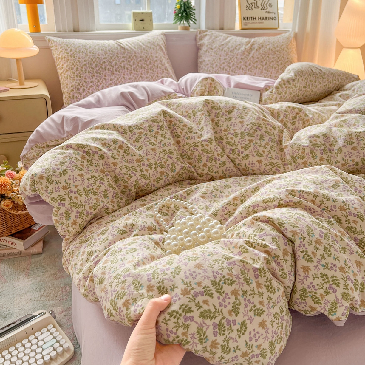 91家纺网 家纺一手货源 找家纺 格真 2026新款韩国小布袋A类古法水洗仿棉云感纱四件套 花间瑶